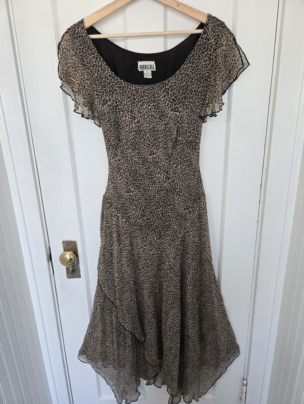 Bobbie Bee Women's Vtg Y2K Silk Leopard Midi Dress Size M Kerchief Hem Basque